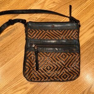 Elliot Luca Black Brown Woven‎ Leather shoulder crossbody with adjustable strap